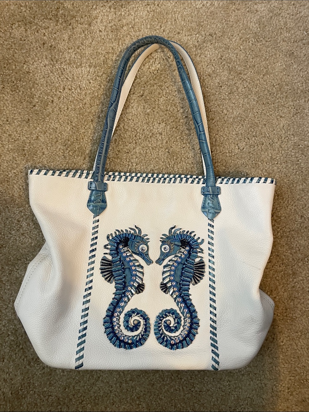 Brighton Leather Bag with Blue Seahorse Embroidery